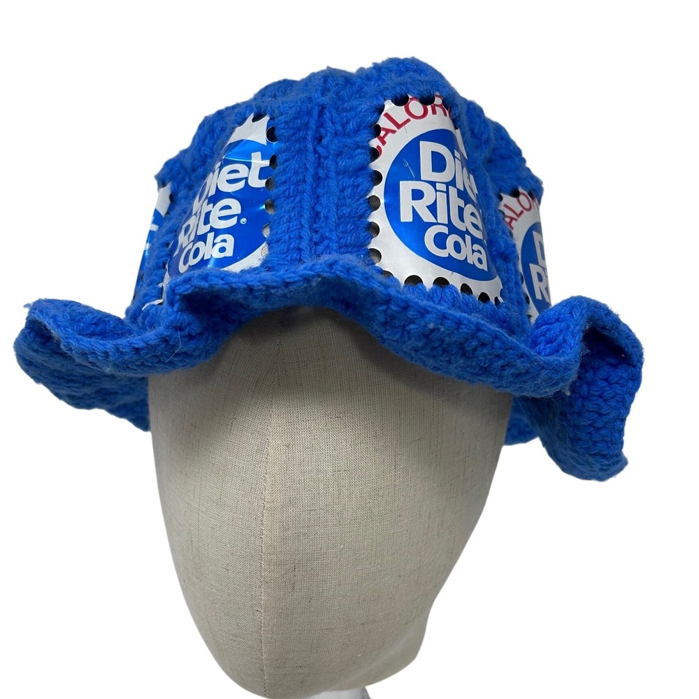 Vintage Diet‎ Rite Cola Crochet Aluminum Can Hat Blue Knit Upcycled Retro Bucket